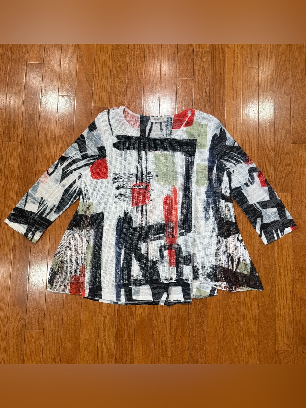 Jess & and Jane Women’s Small Boucle Mesh Overlay Tunic Top Art To Wear Abstract